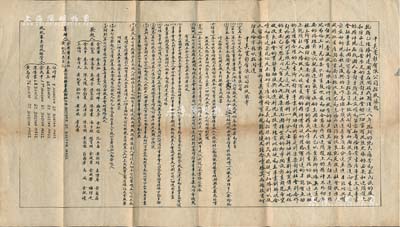 民國時期“中美電影有限公司招股緣起及招股簡章”1份，此乃抗戰勝利后，旅美有志華僑為開通民智、鼓吹建設及提倡高尚娛樂起見，欲效仿美國之發達影業，集資在廣州創辦電影事業；該公司資本暫定美金250萬元，分為2500股，上印發起緣由及招股簡章15條，并詳列發起人、籌辦人、收股及財政保管人之名錄；有水印，八成新
