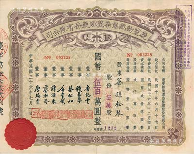 民國三十六年（1947年）慶豐紡織漂染整理股份有限公司股票，伍萬股計國幣伍百萬元，無錫著名民族企業，票上董事除唐氏家族成員外，尚有錢基厚（錢鐘書叔父）、薛匯東（清代外交家薛福成之孫、袁世凱之婿）等；少見，九成新