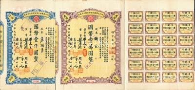 民國叁拾貳年（1943年）四川美豐銀行股份有限公司股票共2枚不同，詳分：拾股計國幣壹仟圓、佰股計國幣壹萬圓，均附帶有股紅息票，八成新