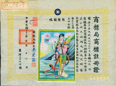 民國三十六年（1947年）國民政府經濟部“商標局商標注冊證”1張，事為核準華豐染織廠股份兩合公司呈請注冊“洛神”商標，用于“絲織疋頭”商品業，由局長吳承洛（著名化學家）簽署，且上貼“洛神”美女商標圖樣；此種股份公司之商標注冊證存世少見，且保存甚佳，敬請預覽和重視