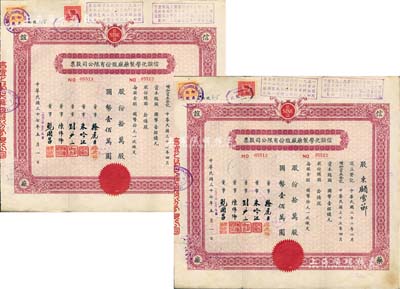 民國三十七年（1948年）改1953年信誼化學制藥廠股份有限公司股票共2枚連號，拾萬股計國幣壹佰萬圓，票上蓋有解放后資本調整之戳記，八五成新