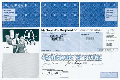 2002年（美國）麥當勞公司股票，面額1股，雕刻版印刷；此乃該公司發行之第一版股票，現已發行至第三版；八成新