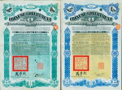 1912年中華民國(guó)政府對(duì)外發(fā)行五厘金鎊債券（即克里斯浦借款）20鎊、100鎊共2枚不同，蓋有“中華民國(guó)駐英代辦之印”和北洋政府財(cái)政總長(zhǎng)周學(xué)熙簽名，附帶有息票，有水印；森本勇先生藏品，八成新
