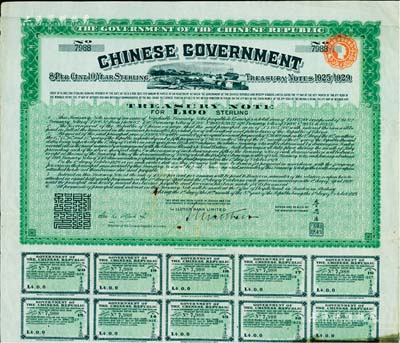1919年中華民國政府對外發行“中國政府八厘十年期金庫券”（即費克斯借款之軍火公債）100鎊，由北洋政府財政總長李思浩簽署，背面印有中文；森本勇先生藏品，八成新