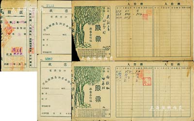 山東解放區老股票等共5枚，詳分：1946年招北縣金峇區民生醬園合作社股票，入股款數貳佰元，且為發行之“民字第壹號”；榮成縣俚島油業合作社股票未填用2枚；1951至1953年林業合作社股票2枚，面額各異；七至八成新
