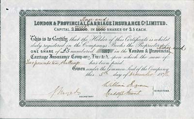 1876年英國倫敦及外省保險有限公司股票，1股計5鎊，該公司曾于1863年在上海設立代理處；英國藏家出品，少見，九成新