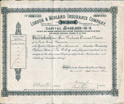 1914年倫敦和米德蘭保險有限公司股票，優先股1000股（每股10先令），此為英國早期著名之保險公司，自清末就在香港和中國等地設有分支機構；英國藏家出品，罕見，近八成新