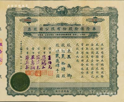 民國卅三年（1944年）華隆保險股份有限公司股票，貳拾肆股計股銀貳萬肆千圓，上印雙龍地球圖，票上董事王伯元乃上海灘金業大王、榮鴻三乃無錫榮氏家族（榮宗敬之次子，榮毅仁堂兄），而承購股東亦為董事王禹卿氏（近代著名實業家、無錫“蠡園”主人）；是項老股票乃源于王禹卿先生后裔所提供，且附帶原封套，尤為值得珍視，八五成新