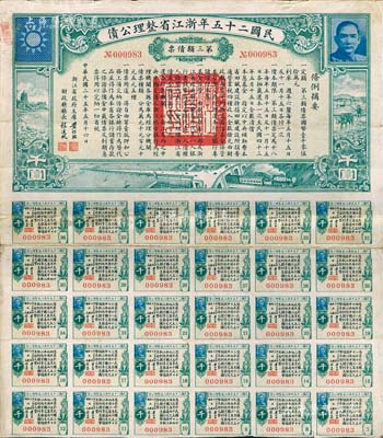 民國二十五年浙江省整理公債·第三類債票千圓，由浙江省政府主席黃紹竑（國民黨要員、新桂系創始人）簽署；此種大面額券存世罕見，附帶有息票，近八成新