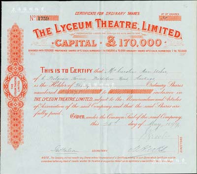 1899年蘭心大戲院股票，面額30股（每股1鎊），老上海開埠至今歷時百年的劇場之一，昔年曾是各國駐滬領事、各界名流的聚會場所，解放后亦以演出精品劇場而享譽全國；海外藏家出品，八五成新