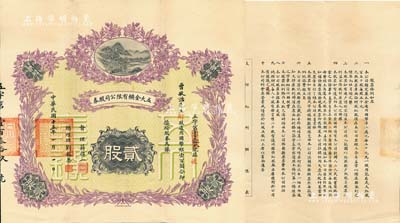 民國十五年（1926年）五大金鑛有限公司股券，（財股）貳股計通用國幣銀壹百圓，財政部印刷局制印，風格類同于中國銀行袁世凱戎裝像股票，形制極為美觀；中國老股票之珍罕品，八五成新