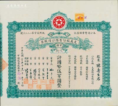 民國二十五年（1936年）上?！び蚜x股份有限公司股票，甲種伍股計國幣伍百圓，票上董事周劍云、張石川均為中國第一代電影導演；該公司創辦于1936年，可謂中國近代電影業之“開山鼻祖”；八五成新