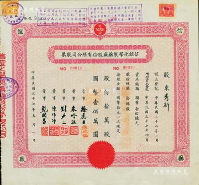民國三十七年（1948年）信誼化學制藥廠股份有限公司股票，拾萬股計國幣壹佰萬圓，其發行號碼僅為No.00010號，由董事劉聘三（上海著名實業家，中華勸工銀行總經理）、朱吟江（上海總商會董事）等簽名，票上蓋有解放后資本調整之戳記，八成新
