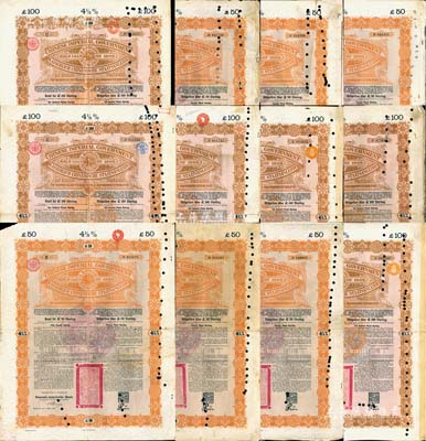 1898年大清中華帝國政府英德續借款金債券50鎊、100鎊各6枚，合計共12枚，均由德華銀行（Deutsch-Asiatische Bank）代理發行，駐英公使羅豐祿簽章，海外藏家出品，七至八成新