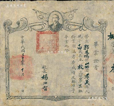 民國三十三年（1944年）孝義縣縣立下柵中心國民學校“畢業證書”1張，上印孫中山像，且鈐有“孝義縣政府印”，八成新