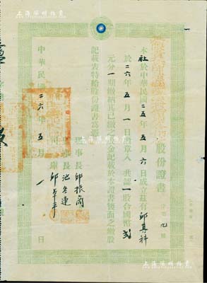 民國二十六年（1937年）無限責任閩清縣瀘溪村信用合作社股份證書，一股計國幣貳元，上端印有國民黨黨徽及“我為人人，人人為我”之口號；福建老股票之罕見品，八成新