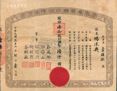 民國三十二年（1943年）新雅粵菜館股份有限公司股票，陸拾股計國幣陸仟圓，票上董事蔡建卿乃該菜館之創始人、郎靜山乃中國著名攝影家；此乃久負盛名之上海老字號飯店，時有名流光顧；珍罕品，八成新（另附該公司1941年賬款收據1枚）
