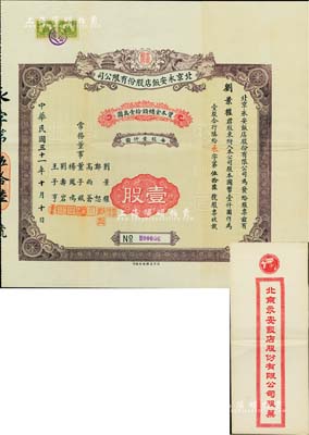 民國三十一年（1942年）北京永安飯店股份有限公司股票，面額壹股（每股壹仟圓），票上股東即為常務董事劉景權氏；北京老股票之罕見品，附帶原封套，八五成新