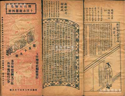 宣統元年（1909年）上海環球社編輯發行《圖畫日報》（第59冊）1冊，內中刊有“新新公司招股啟”、“中法藥房”廣告及著名聞人黃楚九之“購服艾羅補腦汁須知”告白等，頗具時代見證，亦適用于老股票之輔助展覽；保存尚佳，敬請預覽