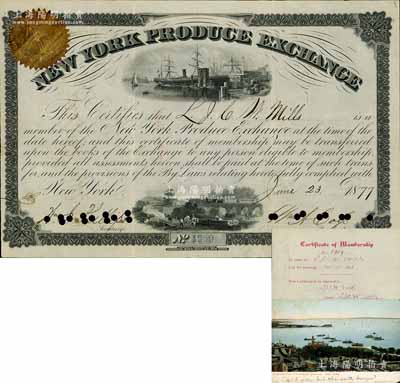 1877年紐約物品交易所·交易商會員資格證書1張，且附帶有收據和該交易所明信片1張；此乃美國最早的商品交易所之一，即今著名的紐約商業交易所之前身；美國著名藏家出品，存世極為珍罕，八成新