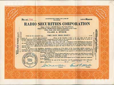 1929年美國(guó)電臺(tái)證券公司股票，面額100股（每股5美元），少見(jiàn)，八成新
