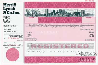 1982年（美國(guó)）美林證券公司5年期債券樣本，其年利率高達(dá)11.625%；美林證券，乃全世界最著名之證券零售商和投資銀行，也是最大的金融管理咨詢(xún)公司之一；海外藏家出品，源于美國(guó)印鈔廠檔案，雕刻版印刷，罕見(jiàn)，全新