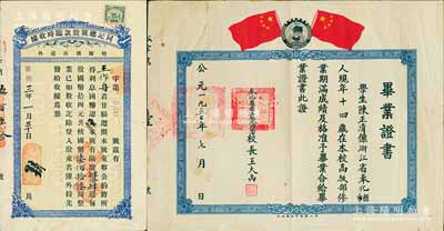 偽滿洲國康德三年（1936年）哈爾濱市道外·同記總號股款臨時收據，肆拾肆股計國幣陸佰拾陸圓，七至八成新（另附：1950年奉化縣縣立松岙鄉小學畢業證書1張，上印二國旗和政協標志）