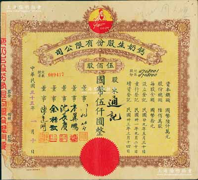 民國三十三年（1944年）鈣奶生股份有限公司股票，伍佰股計國幣伍仟圓整，票上董事沈長賡乃上海灘與黃金榮齊名的青幫大亨，曾主持日偽時期的上海華商證券交易所；左下角有小貼補，七成新