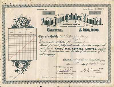 1947年（上海）英商爪哇地產公司股票，面額100股（每股10先令），有水印；該公司注冊于香港，此股票則發行于上海，少見，七五成新