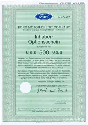 1987年（美國）福特汽車信貸公司債券500美元，在德國募資發(fā)行，內有滿版水印；德國藏家出品，九五成新