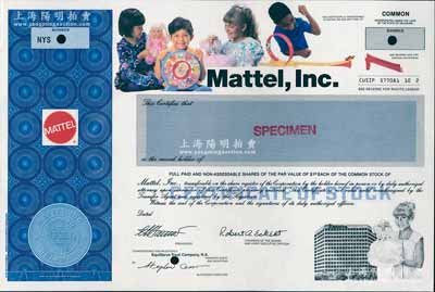 1992年（美國）美泰公司股票樣張，雕刻版印刷，票上印有華裔兒童等；這是世界最大的玩具公司，主要品牌有全球最暢銷的芭比娃娃等；海外藏家出品，源于美國鈔票公司檔案，全新
