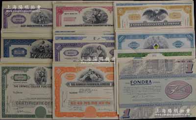 1926至1978年美國老股票共120種不同，內中涉及諸多不同行業，包含西聯國際、國際電話、愛迪生公司等世界著名企業，均雕刻版印刷，圖案精美；源于美國回流，整體約八成新，敬請預覽