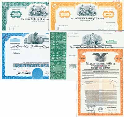 1970至1982年（美國）可口可樂公司股票、債券樣張共5種不同，其中：4張為股票，圖案、顏色各異，發行地分紐約和邁阿密等，面額或空白、或定額100股、或限定100股以內；債券1張，1982年面額1000美元；源于美國印鈔廠檔案，雕刻版印刷極其精致；海外藏家出品，八五至全新