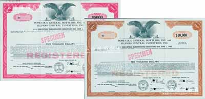 1968年（美國）百事可樂公司5000美元、10000美元債券樣張共2種不同，海外藏家出品，雕刻版印刷，源于美國印鈔廠檔案，少見，九成新