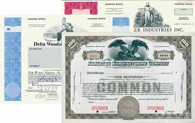 1960至1989年美國著名工業企業股票樣張共3種不同，源于美國印鈔廠檔案，雕刻版印刷極其精致；海外藏家出品，全新