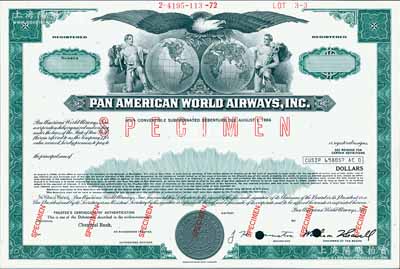 1966年（美國）泛美航空公司債券樣本，票上圖案極其精美，雕刻版印刷；海外藏家出品，源于美國印鈔廠檔案，全新