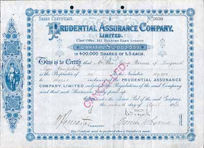 1896年英國保誠保險有限公司股票，面額150股（每股5鎊），該公司即為當今英國最大的人壽保險公司保誠集團，也是全球最大的上市公司，自清末即進入中國和香港設立分支機構，廣泛開展業(yè)務，在業(yè)內(nèi)久負盛名，尤以賠償“泰坦尼克號”遇難者家屬而廣受贊譽；少見，八成新