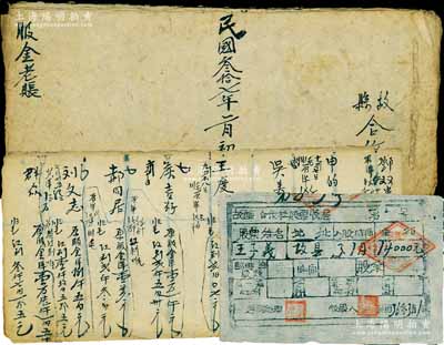 民國36年（1947年）故縣合作社股票，面額14000元，另附1948年《故縣合作社股金老賬》1冊，內列所有股東之股份明細，屬晉冀魯豫解放區之股份資料，能保存如此完整者頗為難得；八成新