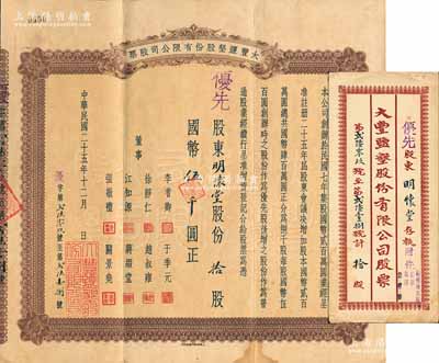 民國二十五年（1936年）大豐鹽墾股份有限公司股票，優(yōu)先股拾股計國幣伍千圓，該公司乃清末狀元張謇創(chuàng)辦于1918年，附帶原封套，罕見，八成新