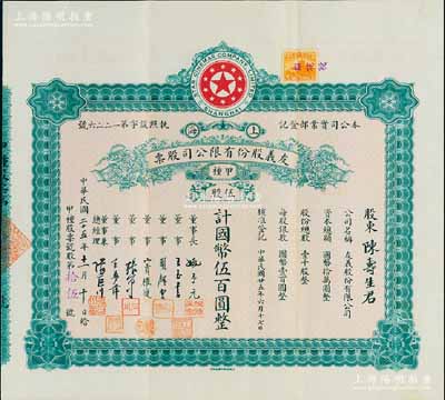 民國二十五年（1936年）上海·友義股份有限公司股票，甲種伍股計國幣伍百圓，票上董事周劍云、張石川均為中國第一代電影導演；該公司創辦于1936年，其前身即為著名之“明星影片公司”，可謂中國近代電影業之“開山鼻祖”；八五成新