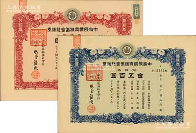 昭和拾叁年（1938年）中支那振興株式會社株券2種不同，詳分：紅色壹株券金五拾圓、藍色拾株券金五百圓，均有水印；該公司屬日本侵華在華中及上海之“國策公司”，其總裁兒玉謙次乃日本經濟界巨頭，亦為橫濱正金銀行行長；八至九五成新