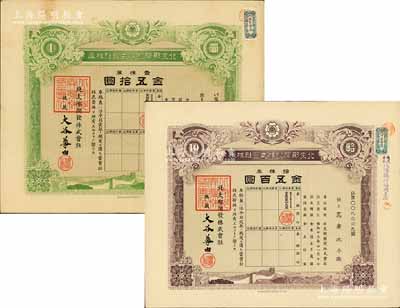 昭和十三年（1938年）北支那開發株式會社株券共2枚不同，詳分：壹株券金五拾圓、拾株券金五百圓，有水印；該公司屬日本侵華在華北之“國策公司”，票上總裁大谷尊由是著名的敦煌等地盜寶者大谷光瑞之弟，曾任日本貴族院議員和拓務大臣；八至九成新