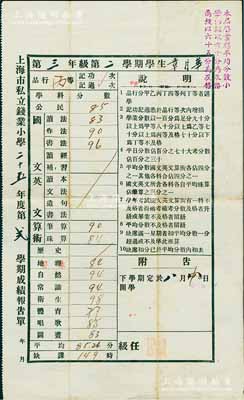 1936年“上海市私立錢業小學二十五年度第貳學期成績報告單”1份，此種錢莊業子弟學校之歷史實物頗為少見，八成新
