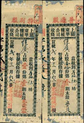 宣統(tǒng)貳年（1910年）上園東華種植公司（股份）收條共2種不同，詳分：特別股壹份第壹期本銀貳毫伍仙、普通股壹拾份第壹期本銀五員，此特別股即為優(yōu)先股（每股按0.25元），而普通股則按每股0.5元計(jì)數(shù)；廣東佛山地區(qū)老股票，少見(jiàn)，有蛀孔及貼補(bǔ)，六成新