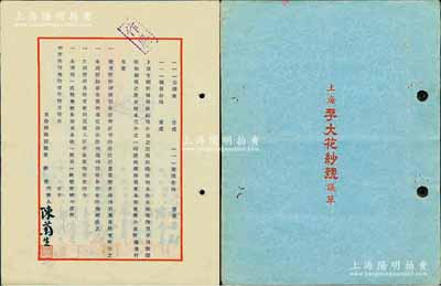 1942年《上海孚大花紗號議單》1冊，該公司資本中儲(chǔ)券75000元，計(jì)300股，每股250元，內(nèi)中詳列各股東之出資狀況、公議條款等詳情，極富傳統(tǒng)之內(nèi)涵，保存甚佳，敬請預(yù)覽