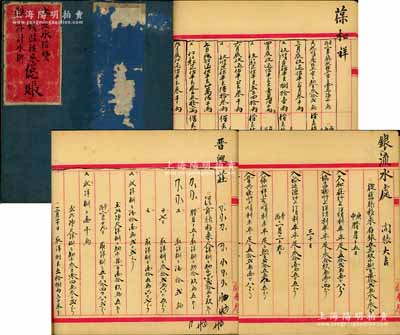 清代山西第二大著名票號“蔚泰厚”《上號流水借貸·錢莊往來·浮計水牌總賬》賬本1冊，每頁騎縫處均印有“蔚泰厚”紅字，內中記錄有數十頁往來賬目，所書均為錢莊與各商號之間的銀錢出入往來明細賬目，內容廣泛而無法細述，實為研究山西票號之寶貴素材；保存甚佳，敬請預覽