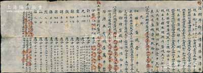 同治捌年（1869年）“興盛永記”商號新年結算清單一份，即為清算該號同治柒年之贏利、外欠、股份分紅等賬目情況，其上并詳列各股東股本分紅、人力分紅之明細，內容極為豐富；此清單乃用墨字書寫，拉開約有1米多長，尤為值得關注，保存甚佳，敬請預覽