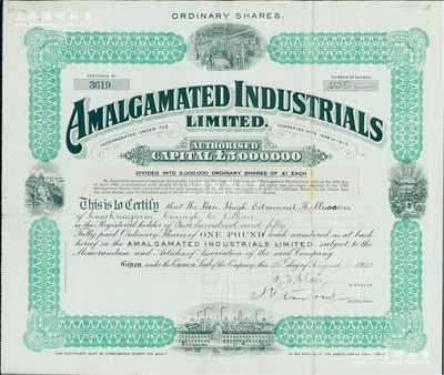 1920年英商聯合工業有限公司股票，普通股250股（每股1鎊）；據出品之海外藏家相告，該公司即為開平礦務局之母公司，故迄今所見之部分英商開平礦務局老股票上亦貼有該公司名稱之附紙或息單，實物可參見陽明2016年夏季股票拍賣之2049號拍品；少見，八成新