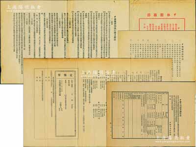 民國時期“申報館”資料一組，內含：《申報創辦服務部啟事》、《申報服務部簡則》、《申報服務部通信購書辦法》、《申報月刊讀者調查表》、《優待申報六十周年紀念定戶三大利益辦法》（附定報單）等共5件；申報創辦于1872年，為近代中國發行時間最久、具有廣泛社會影響的報紙，被人稱為研究中國近現代史的“百科全書”；是項資料亦適用于老股票之輔助展覽，保存甚佳，敬請預覽
