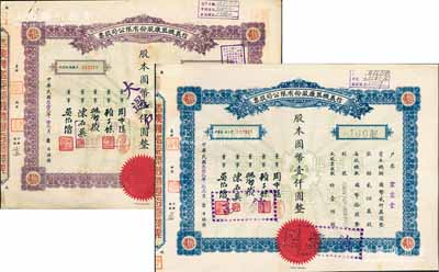 民國叁拾貳年（1943年）信義機器廠股份有限公司股票共2種不同，分別為藍色壹佰股計國幣壹仟圓、紫色伍佰股計國幣伍仟圓，八五至九成新